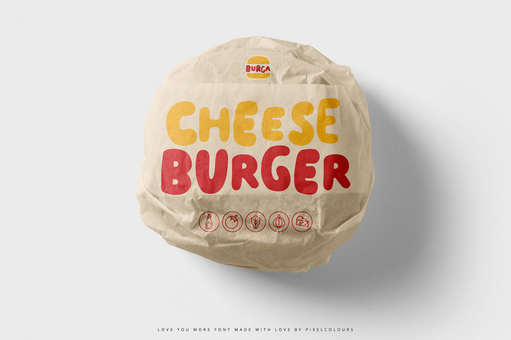 Burger wrapped in paper with 'Cheese Burger' text and burger logo on a white background