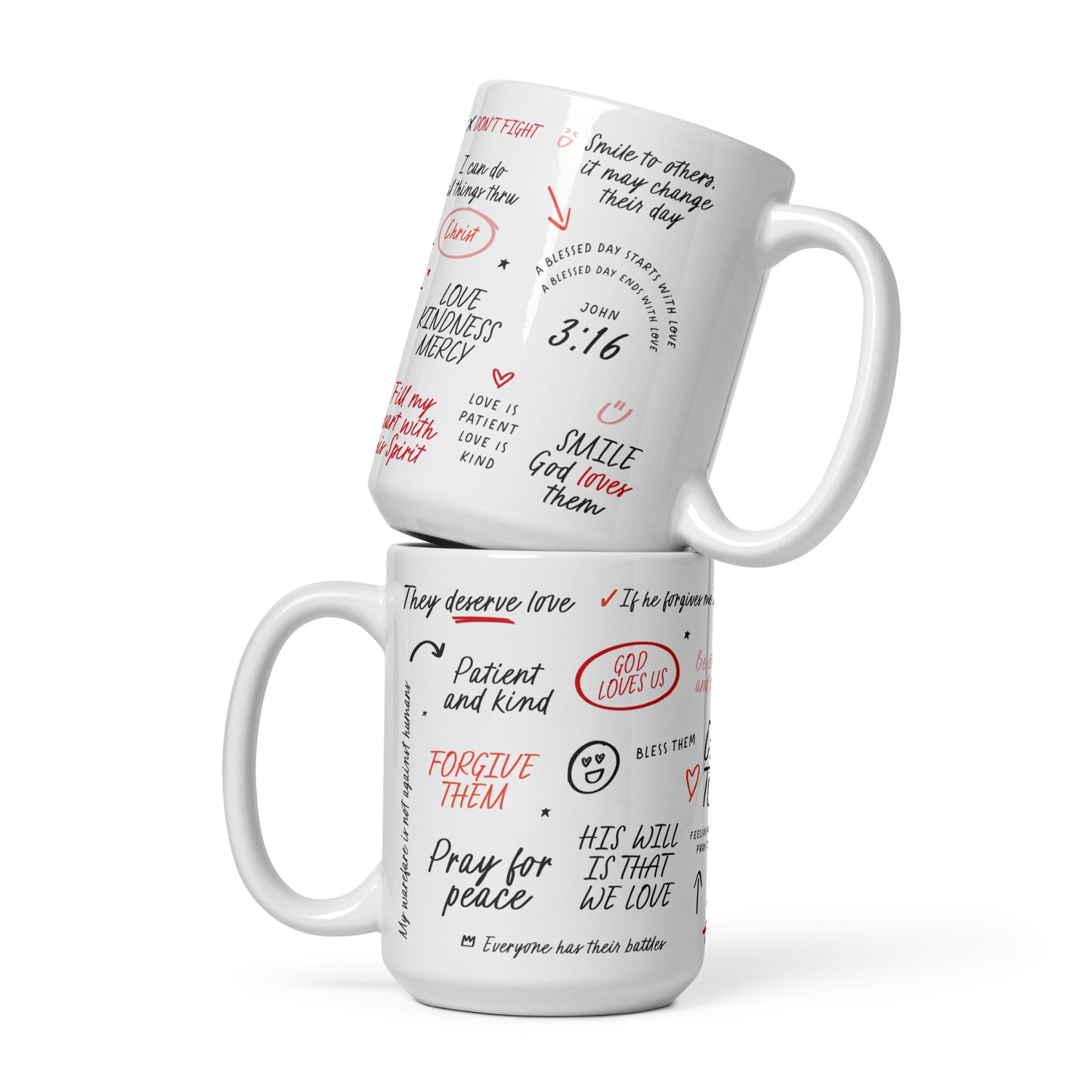 Two Christian coffee mugs featuring love affirmations and faith-inspired messages in handwritten fonts, decorated with delicate illustrations