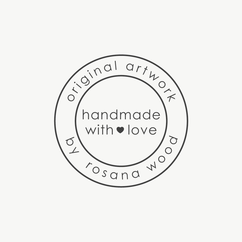 Custom round stamp that reads "Handmade with Love" and "Original Artwork"