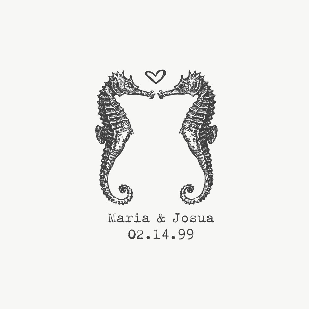 Custom wedding stamp featuring a vintage illustration of two love seahorses, perfect for beach weddings