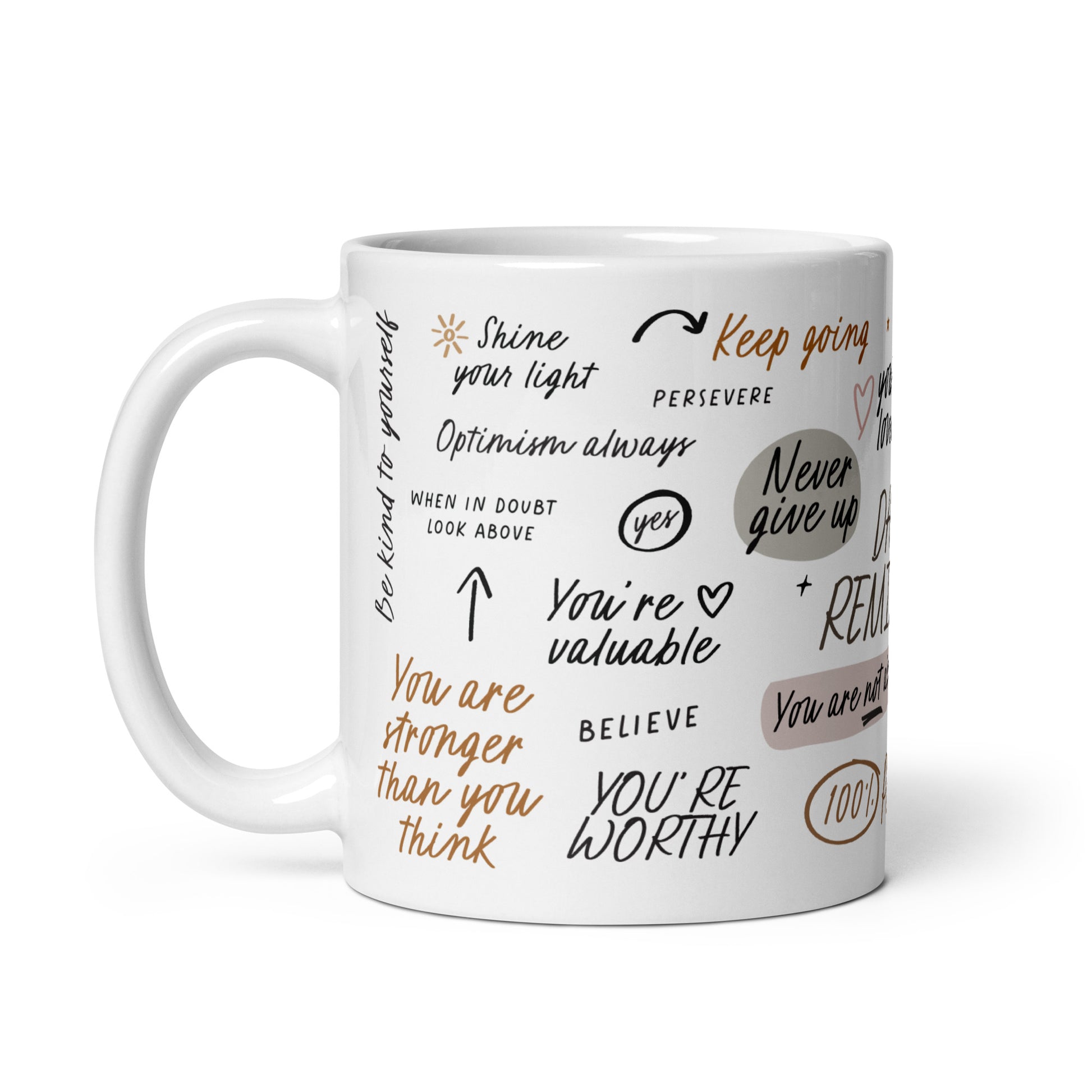 Daily reminders mugs featuring positive affirmations in handwritten fonts, decorated with delicate illustrations