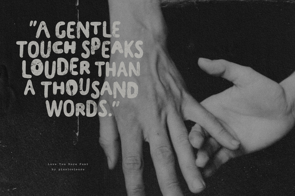 Black and white image of hands holding each other with a quote about touch.