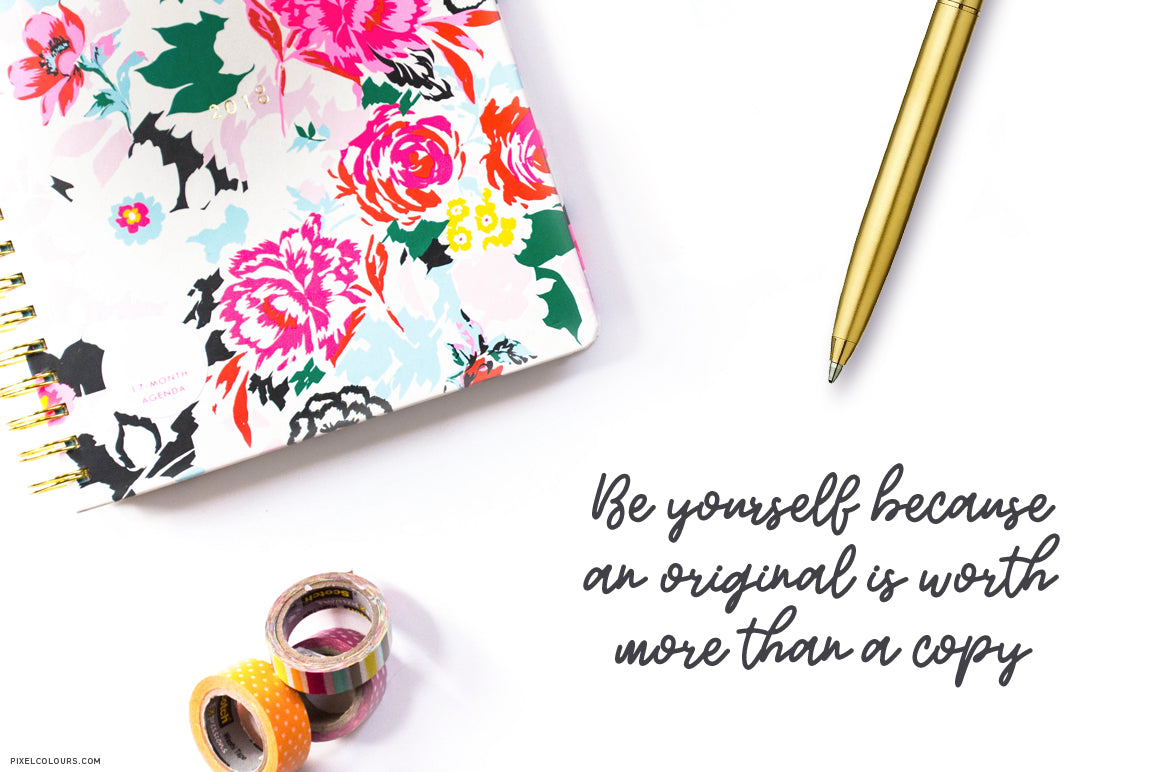 Floral journal with gold pen mockup featuring monoline script font with a bouncy baseline, available for free download