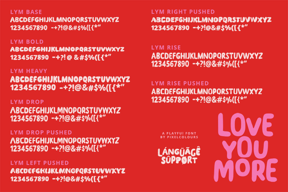Display of various font styles on a red background with 'Love You More' text.