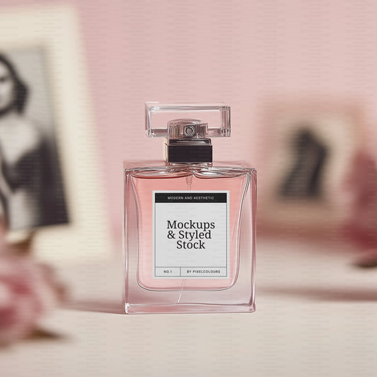 Modern perfume bottle mockup with styled stock photo in blush pink colors