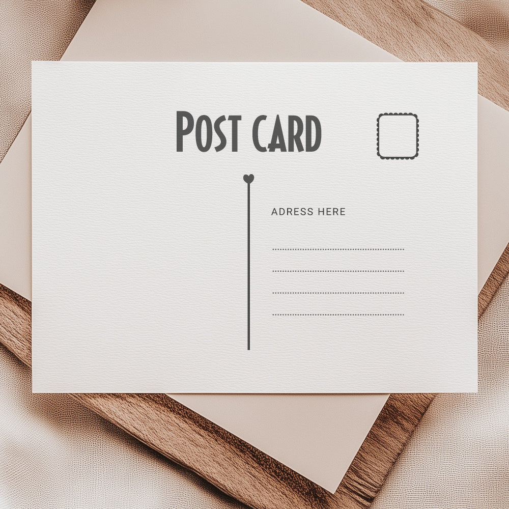 Postcard stamp featuring a modern design with space for a stamp, address, and message area