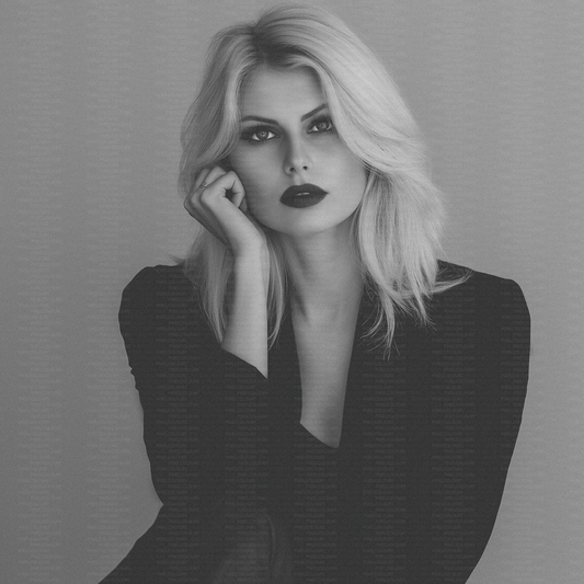 Black and white editorial stock photo of blonde fashion model in black top
