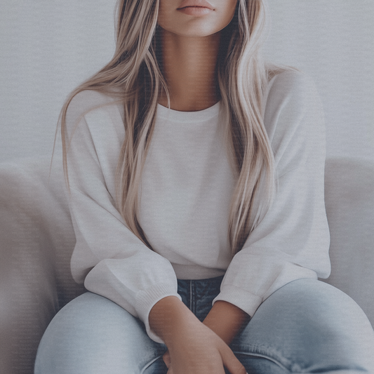 Free stock photo of blonde woman wearing a white sweatshirt mockup