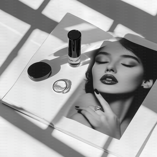 Black and white editorial stock photo of magazine with model and cosmetics
