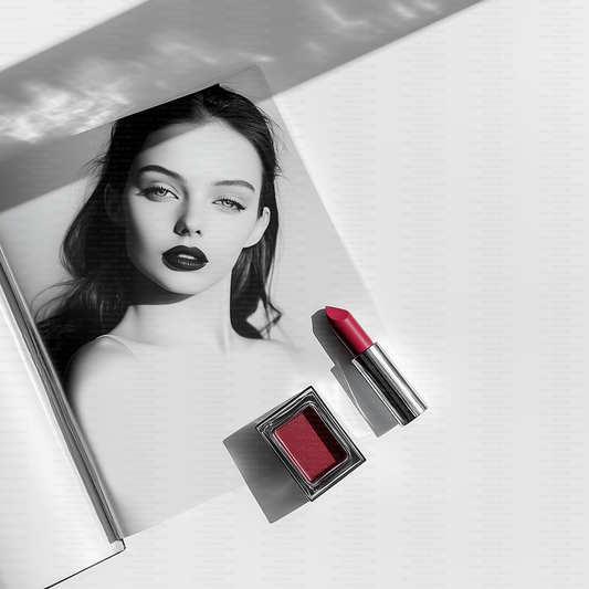 Black and white editorial stock photo of magazine with model and cosmetics