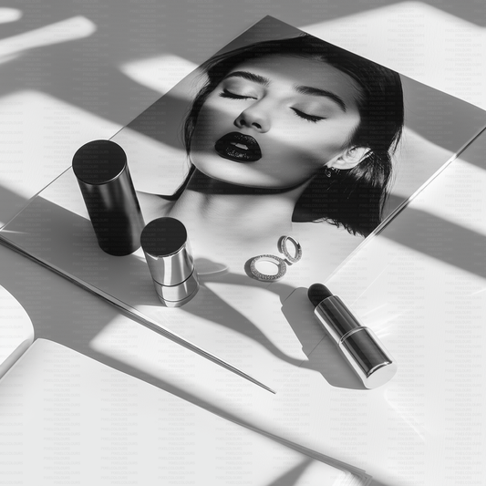 Black and white editorial stock photo of magazine with model and cosmetics