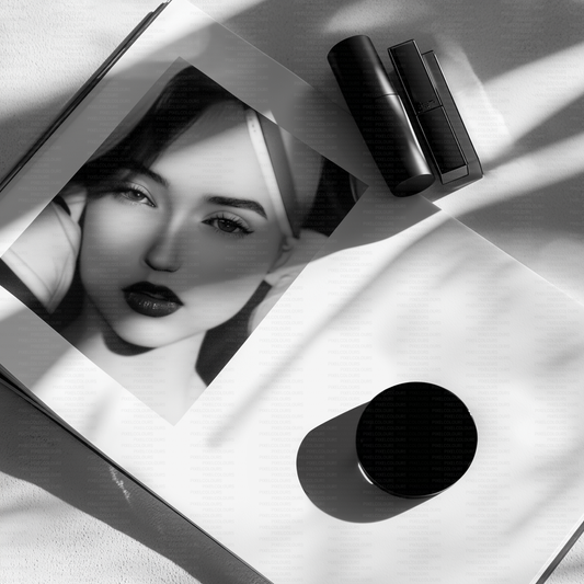 Black and white editorial stock photo of magazine with model and cosmetics