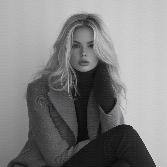 Black and white editorial stock photo of blonde fashion model with blazer