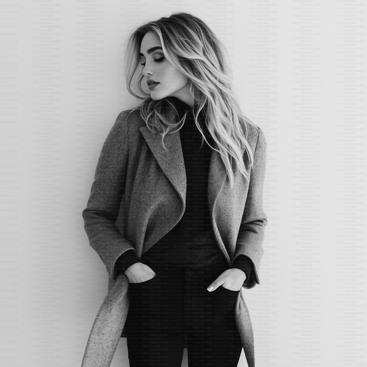 Black and white editorial stock photo of blonde fashion model with blazer