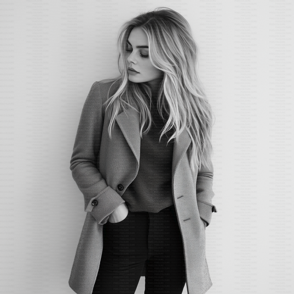 Black and white editorial stock photo of blonde fashion model with blazer