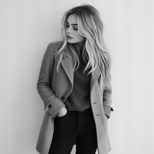 Black and white editorial stock photo of blonde fashion model with blazer