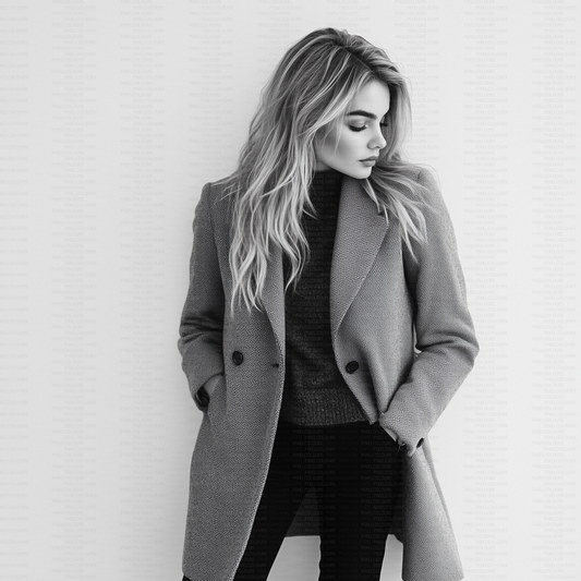 Black and white editorial stock photo of blonde fashion model with blazer