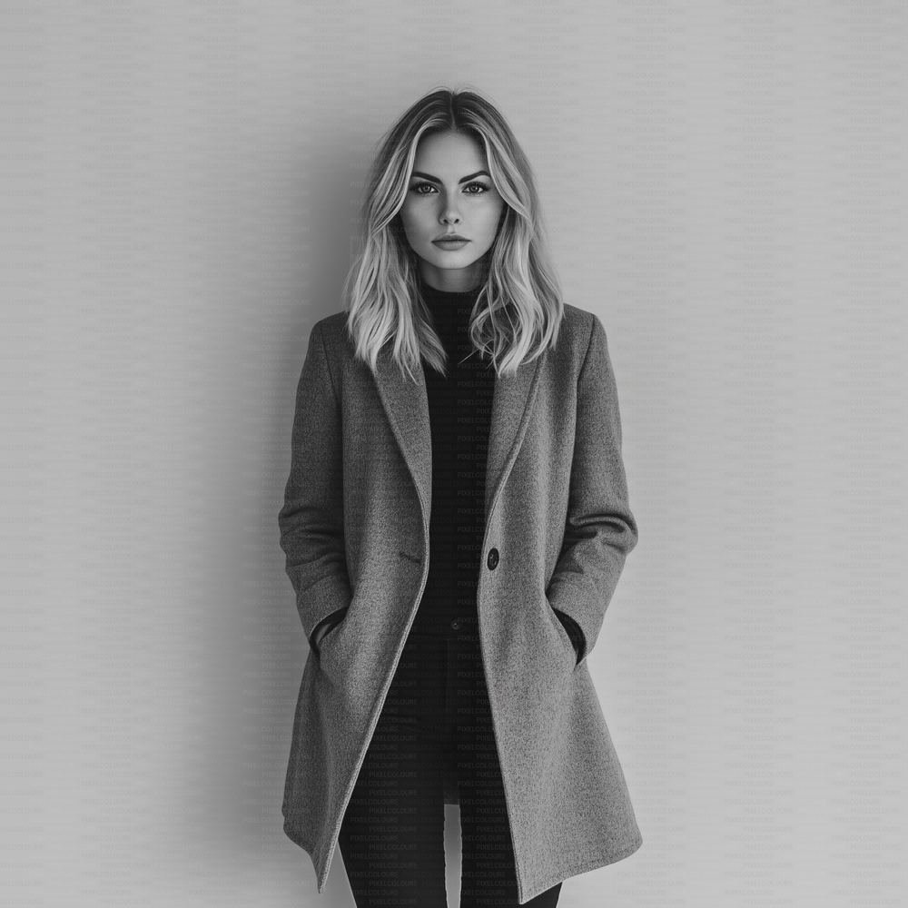 Black and white editorial stock photo of blonde fashion model with blazer