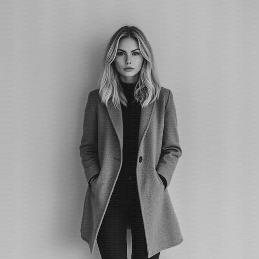 Black and white editorial stock photo of blonde fashion model with blazer