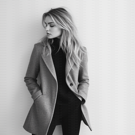 Black and white editorial stock photo of blonde fashion model with blazer
