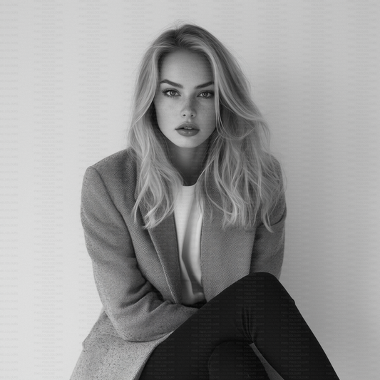 Black and white editorial stock photo of blonde fashion model with blazer