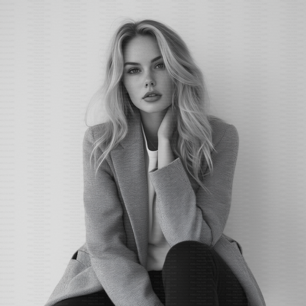 Black and white editorial stock photo of blonde fashion model with blazer