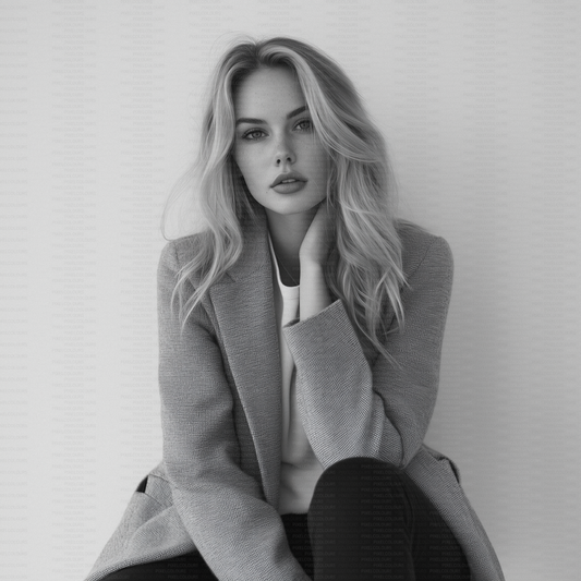 Black and white editorial stock photo of blonde fashion model with blazer