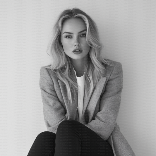 Black and white editorial stock photo of blonde fashion model with blazer