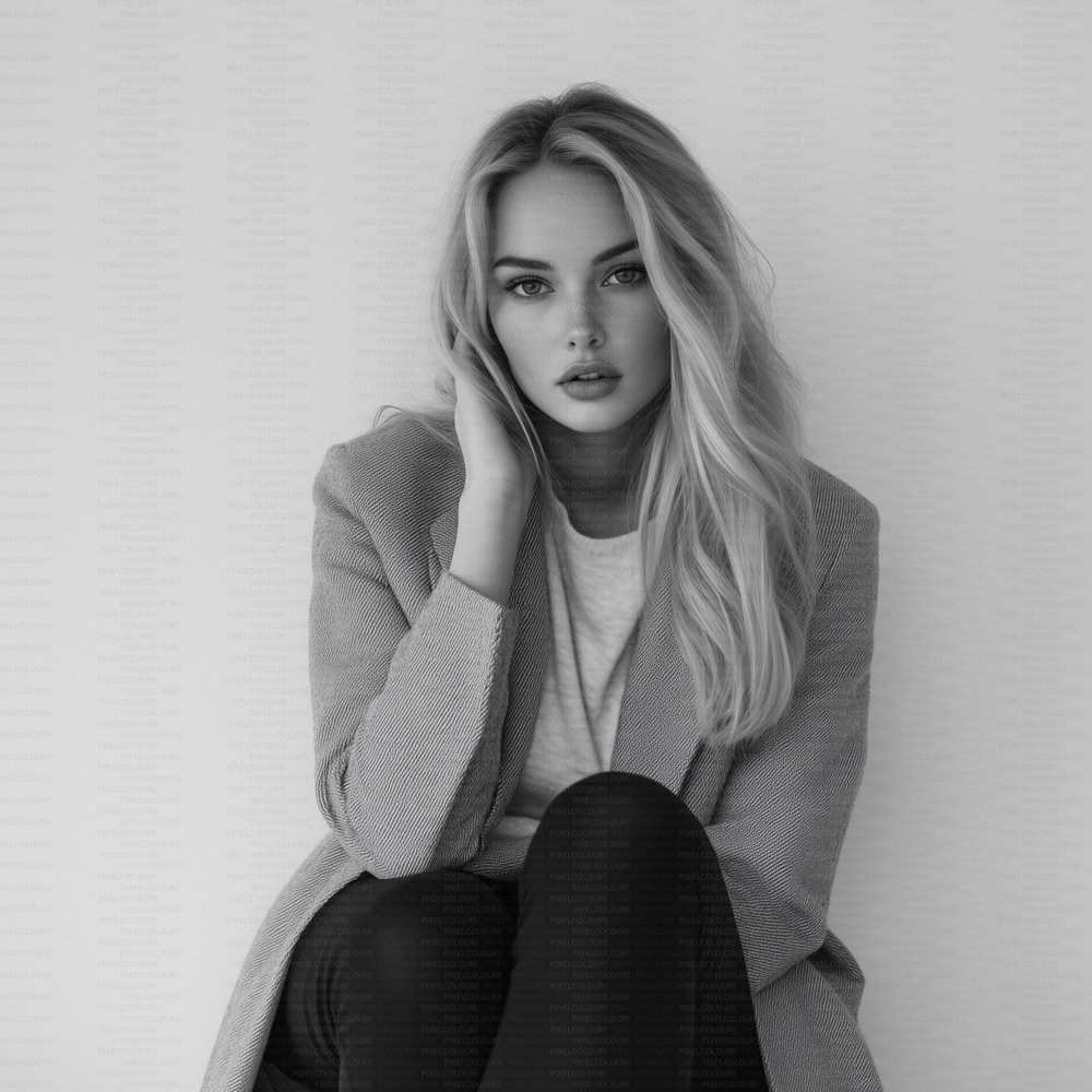 Black and white editorial stock photo of blonde fashion model with blazer