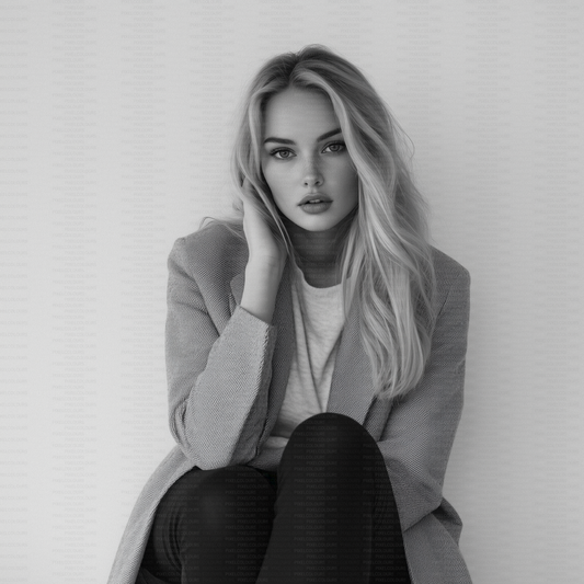 Black and white editorial stock photo of blonde fashion model with blazer