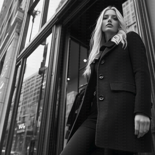 Black and white editorial stock photo of blonde fashion model with blazer, outside a chic store