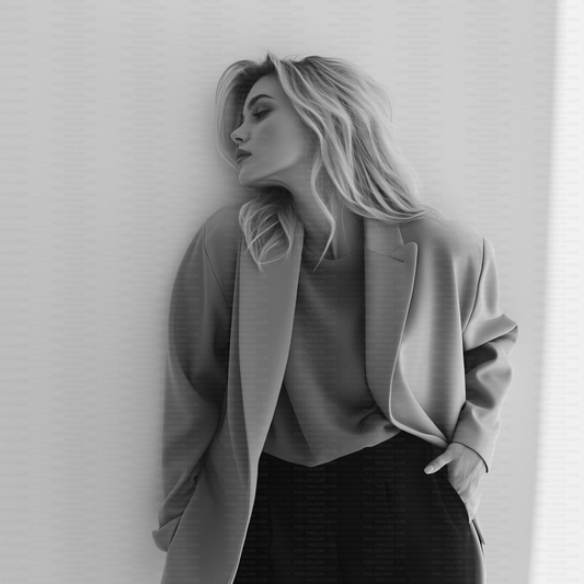 Black and white editorial stock photo of blonde fashion model with blazer