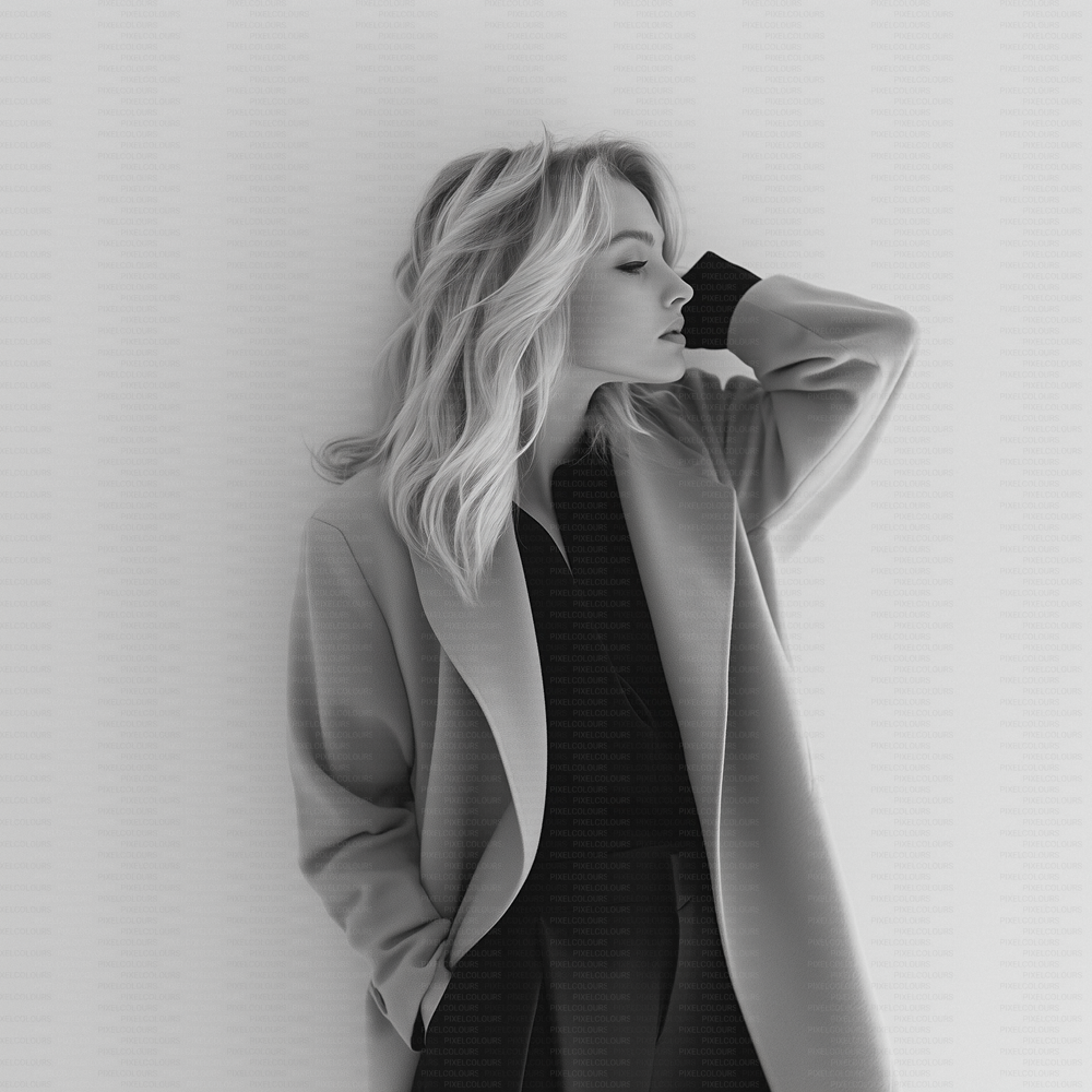 Black and white editorial stock photo of blonde fashion model with blazer