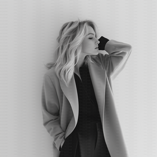 Black and white editorial stock photo of blonde fashion model with blazer