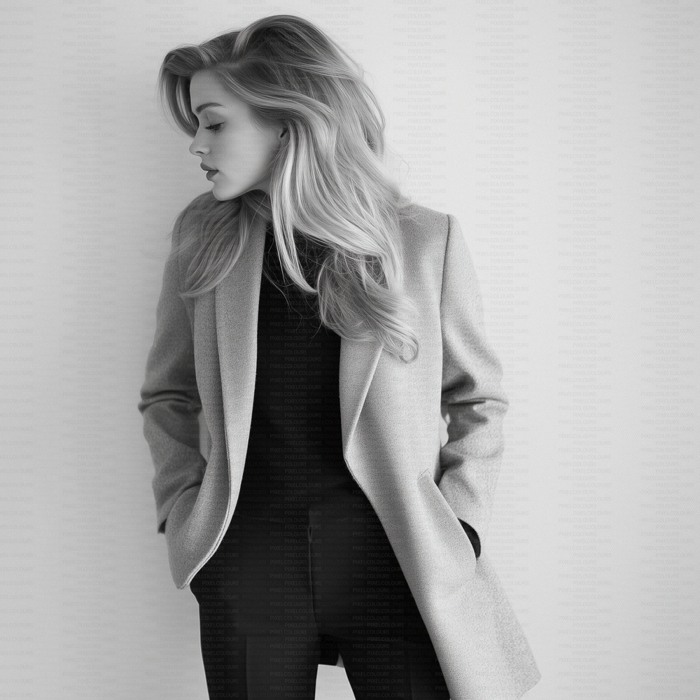 Black and white editorial stock photo of blonde fashion model with blazer