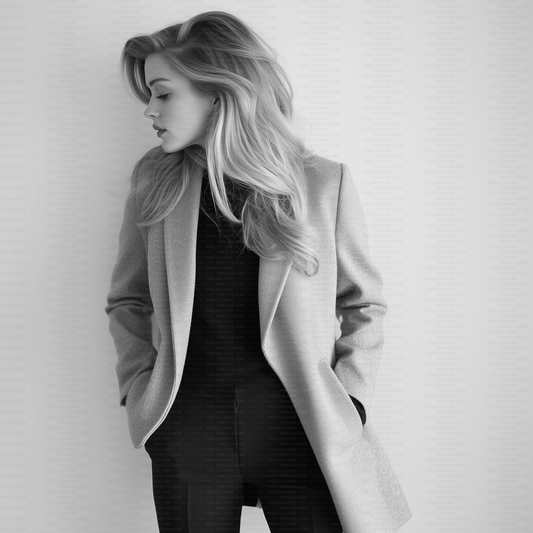 Black and white editorial stock photo of blonde fashion model with blazer