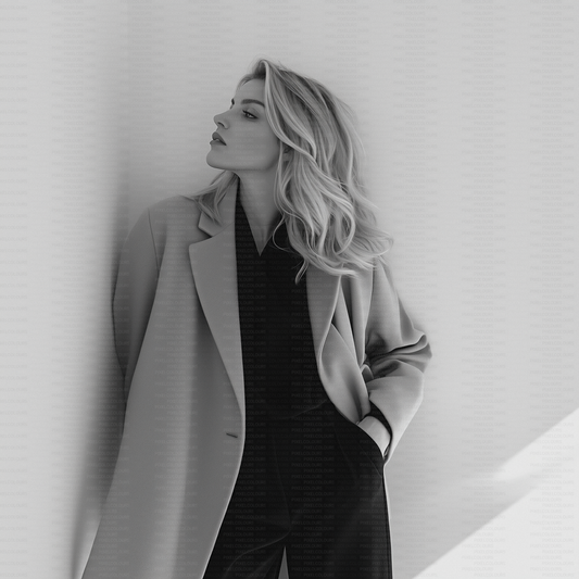 Black and white editorial stock photo of blonde fashion model with blazer