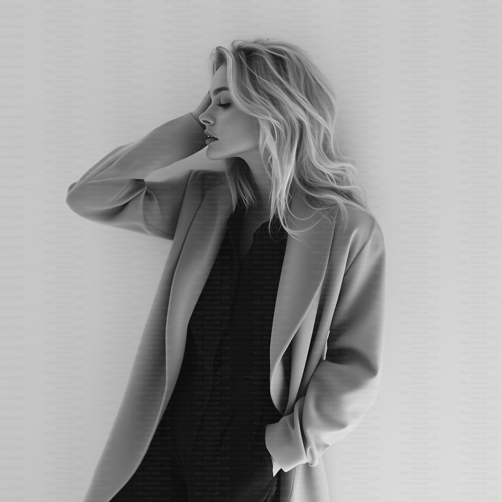 Black and white editorial stock photo of blonde fashion model with blazer