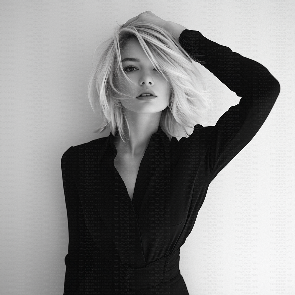 Black and white editorial stock photo of blonde fashion model