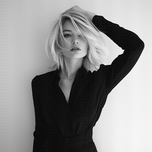 Black and white editorial stock photo of blonde fashion model