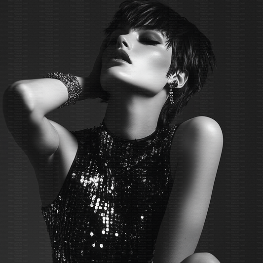 Black and white editorial stock photo of fashion model
