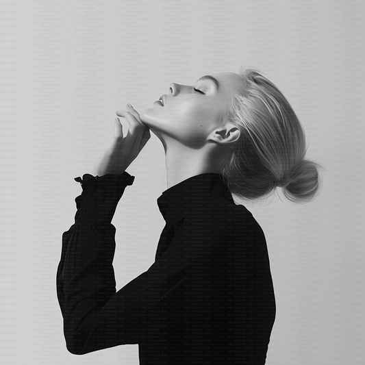 Black and white editorial stock photo of blonde fashion model