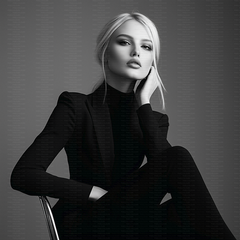 Black and white editorial stock photo of blonde fashion model in black