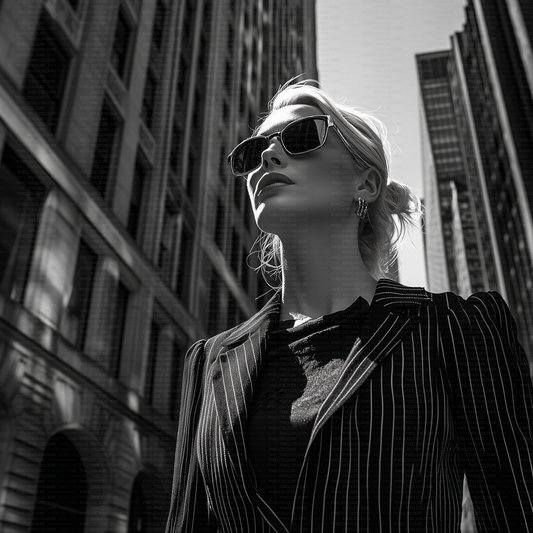 Black and white editorial stock photo of fashion model with blazer and sunglasses