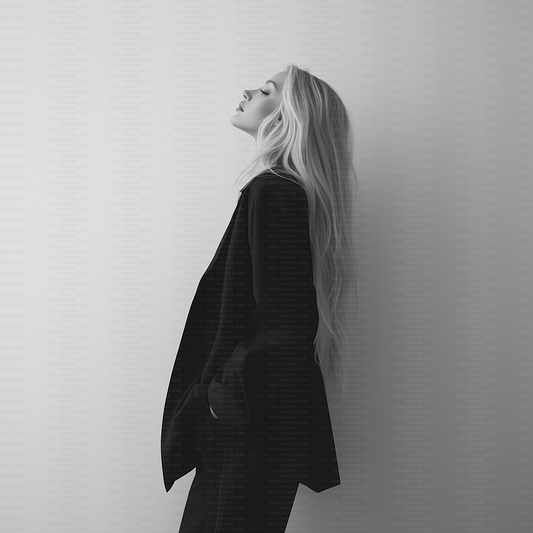 Black and white editorial stock photo of blonde fashion model