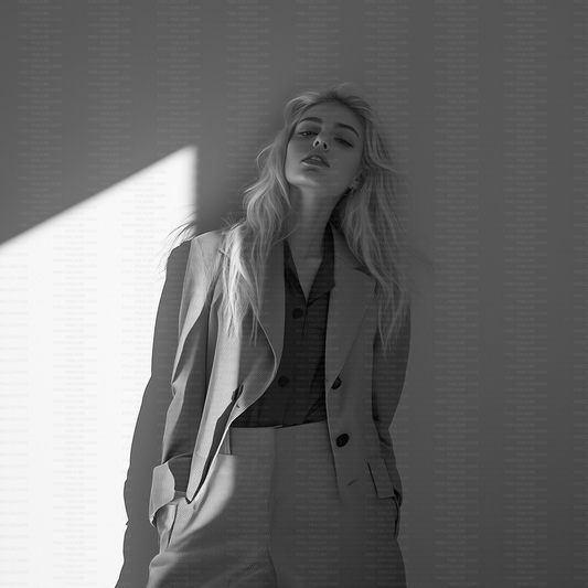 Black and white editorial stock photo of blonde fashion model with blazer