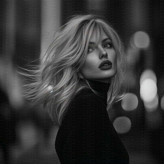Black and white editorial stock photo of blonde fashion model