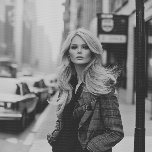 Retro black and white editorial stock photo of blonde fashion model in city