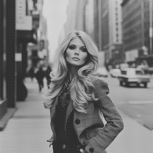Retro black and white editorial stock photo of blonde fashion model in city