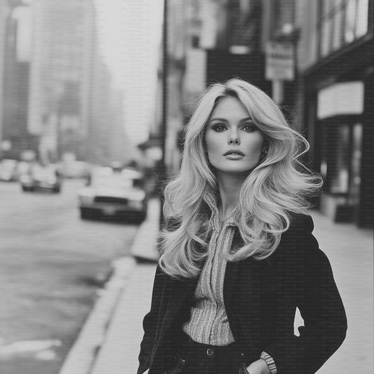 Retro black and white editorial stock photo of blonde fashion model in city